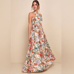 Lulu's Lilja Cream Floral Print Maxi Dress, size small.